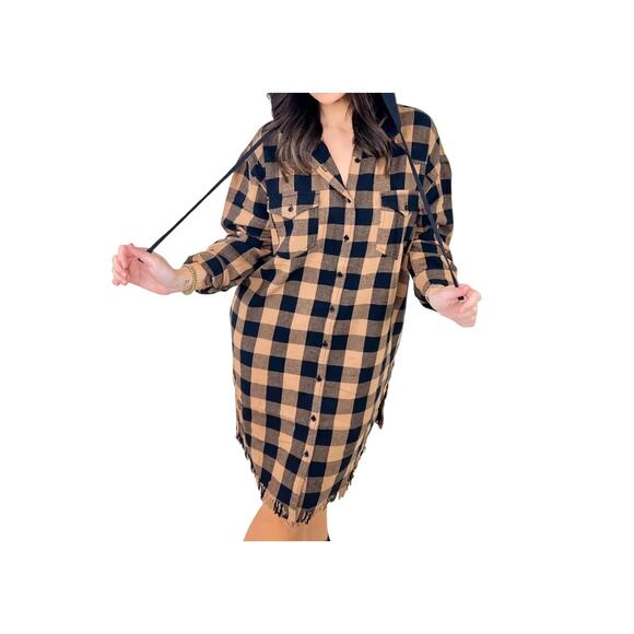 NWT RISEN Riding Shotgun Shacket Plaid Shirt Dress with Hood Sand Women's Size S - Picture 2 of 9